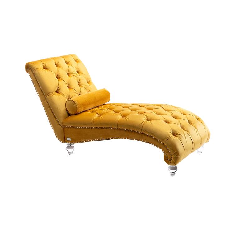 Mustard Modern 63.98" Upholstered Buttons Tufted Chaise Lounge Chair with Pillow and Acrylic Legs
