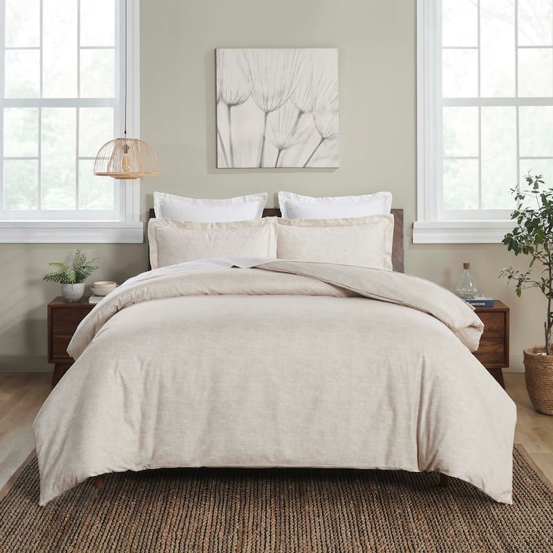 Superior Melange Flannel Cotton Two-Toned Brushed Duvet Cover Set - Beige - Full - Queen