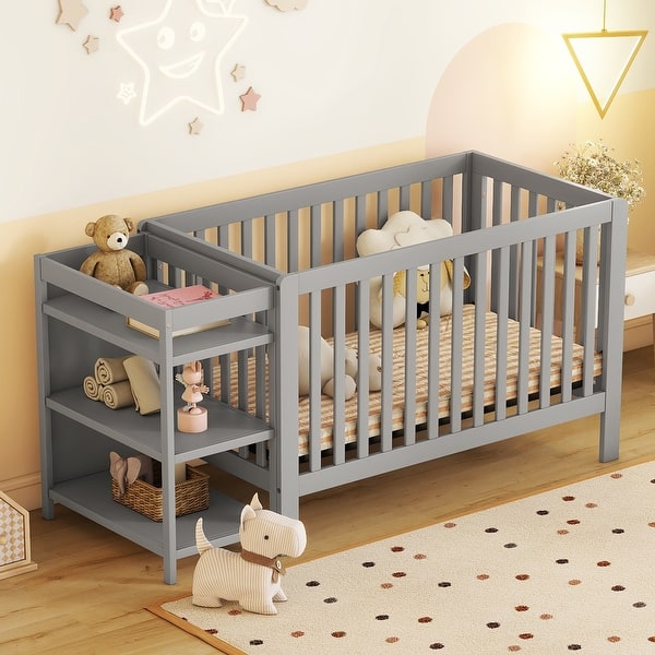 slide 2 of 9, Gray Convertible Wooden Platform Bed with Changing Table Gray
