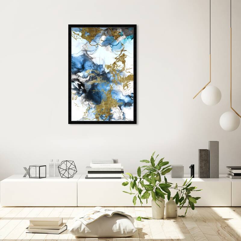 Blue Gold Abstract Shapes Coastal Framed Art Print for Bedroom - On ...