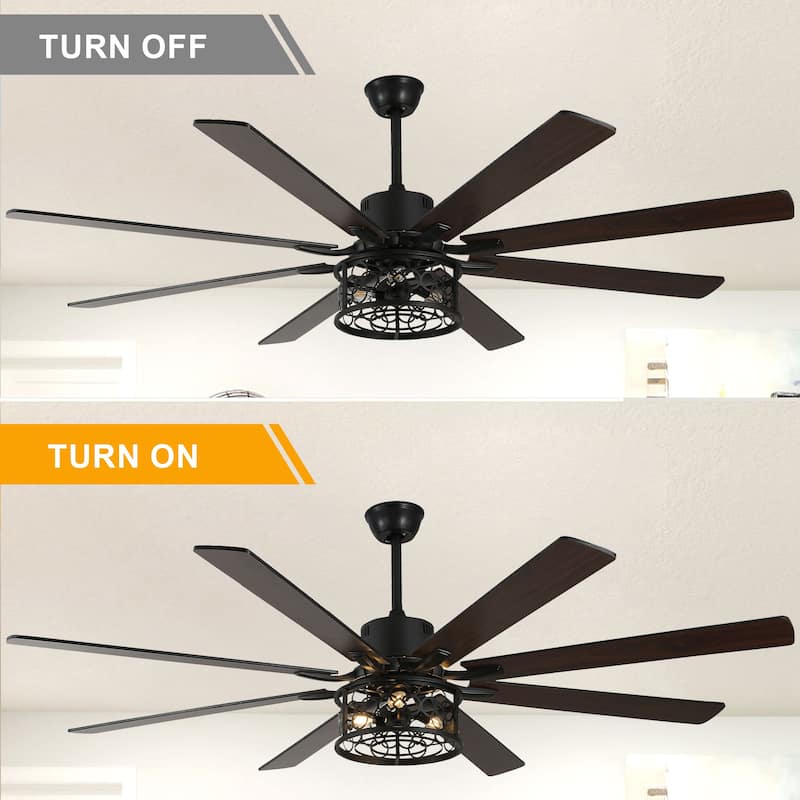 Bella Depot 72" Industrial Large Ceiling Fan 6-speed 3-Light Farmhouse Metal Caged Black Ceiling Fan with Light and Remote