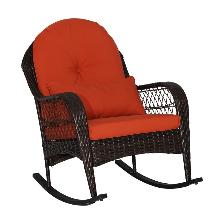 Patio Rattan Rocking Chair with Seat Back Cushions and Waist
