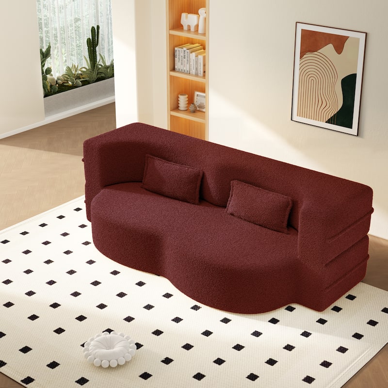 Convertible Floor Sofa with Teddy Fabric, Twin Mattress & No Assembly - Burgundy