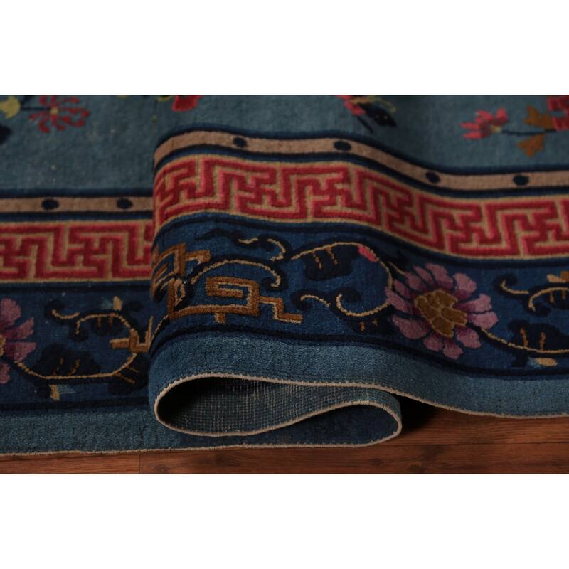 Vegetable Dye Blue Art Deco Chinese Vintage Handmade Wool Carpet - 6'5" x 9'7"