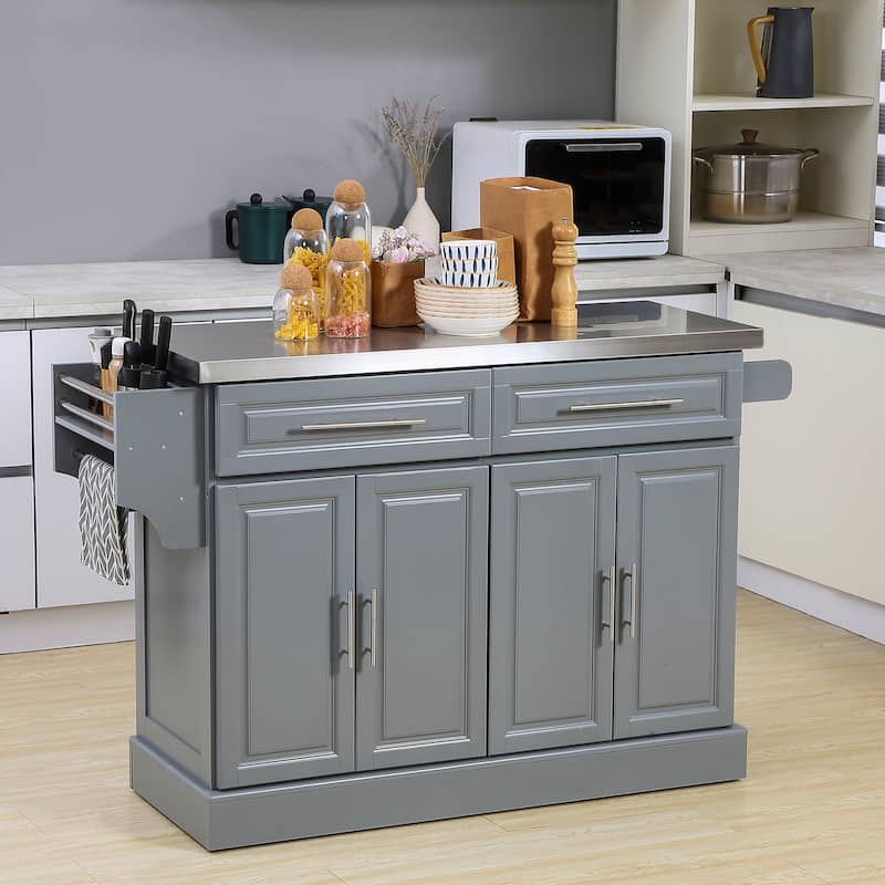 Rolling Kitchen Island with Storage, Portable Kitchen cart with Stainless Steel Top, 2 Drawers - Grey