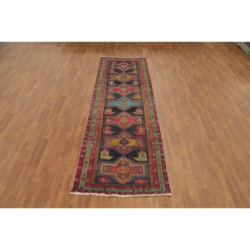 Hand Knotted Oriental 100% Wool Carpet Traditional Geometric Black Ardebil Runner Rug - 10' 9'' X 3' 4''