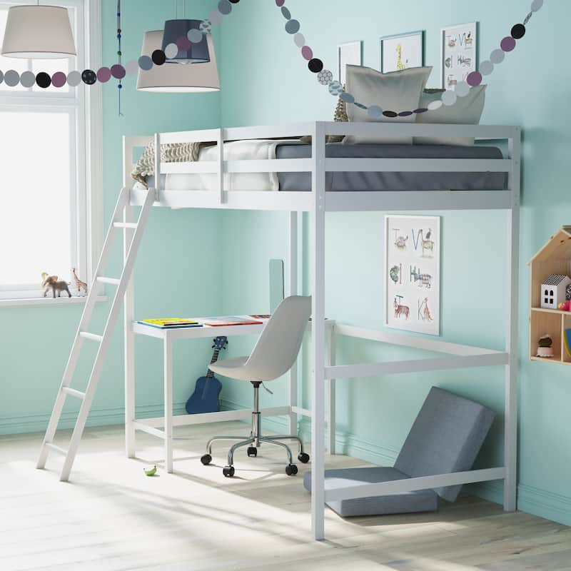 Traditional Wood Slat Loft Bed with Integrated Desk & Ladder
