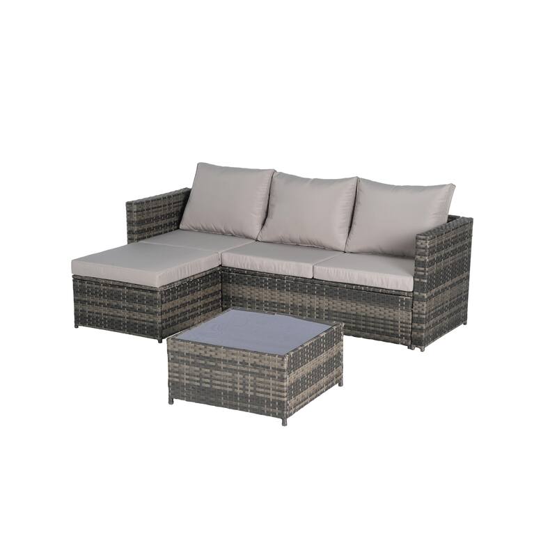 2-Pieces Outdoor Patio L-Shaped Sectional Sofa Set with Glass Coffee Table