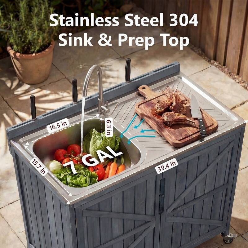 2-Piece Outdoor Kitchen Island Set with Stainless Steel Top and Sink, Drawer and Cabinets for Outdoor Storage w/ Wheels