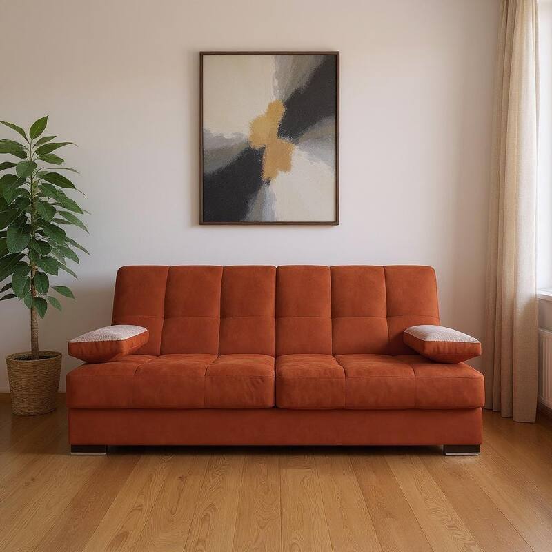 HomeRoots 75" Orange Chenille Convertible Futon Sleeper Sofa And Toss Pillows With Storage - Orange