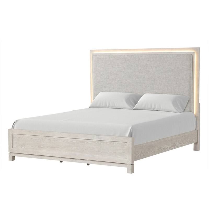 Loji Queen Size Bed w LED Headboard, Weathered Gray Solid Rubberwood