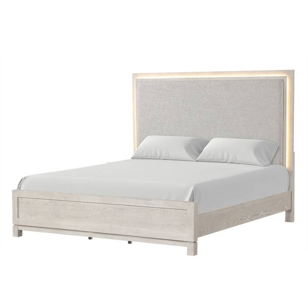 Loji Queen Size Bed w LED Headboard, Weathered Gray Solid Rubberwood