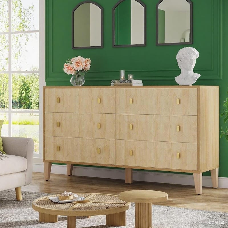 6 Drawer Wooden Dresser Storage Cabinet with Metal Legs Brown Modern Organizer for Bedroom Living Room Hallway - Beige