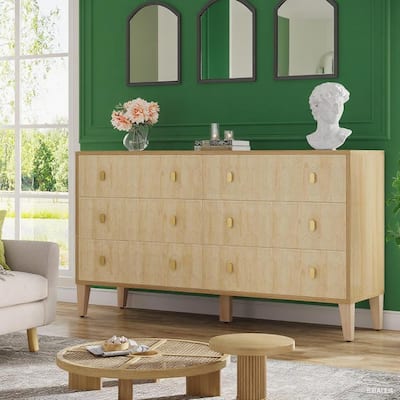 6 Drawer Wooden Dresser Storage Cabinet with Metal Legs Brown Modern Organizer for Bedroom Living Room Hallway