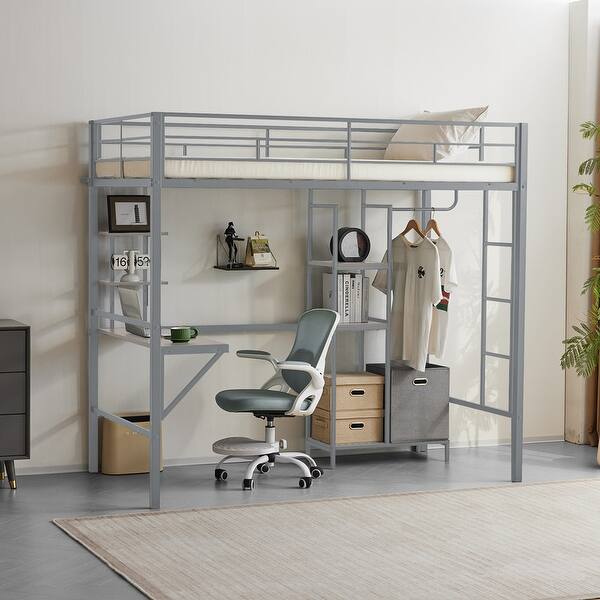 slide 2 of 16, Twin Size Metal Loft Bed with Desk and Storage Shelves, Full-length Guardrails Grey