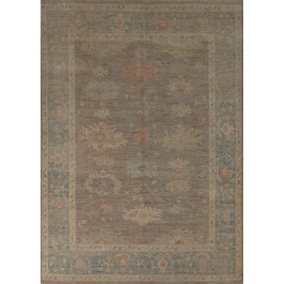 Grey Oushak Turkish Area Rug Handmade Floral Wool Carpet - 7'10" x 9'11"