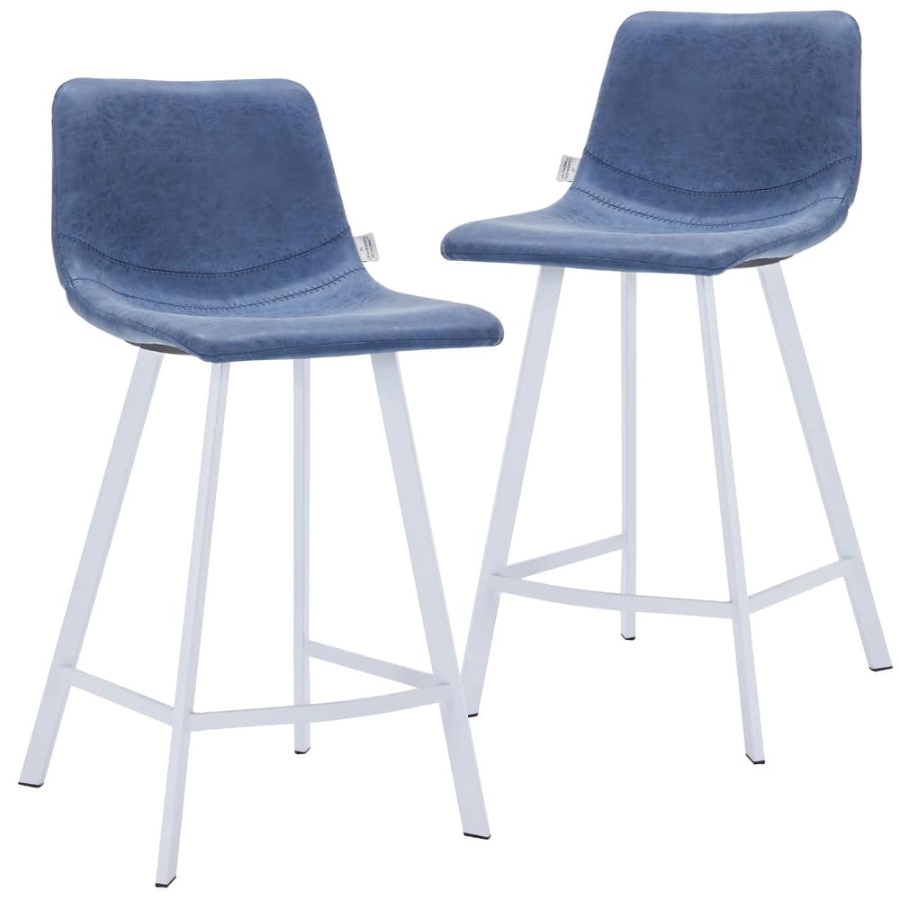 Elland Leather Bar Stool - Modern Counter Height Stool with White Stainless Steel Legs for Kitchen Island or Home Bar Set of 2
