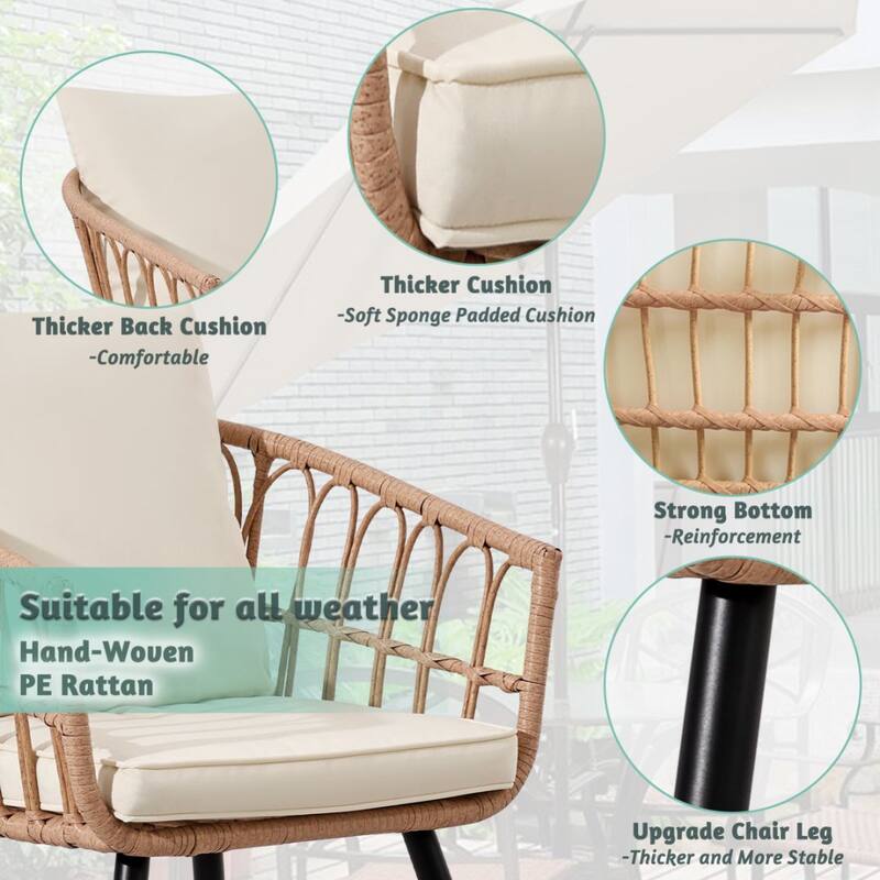 3-PC Beige Wicker Patio Conversation set with Glass Table