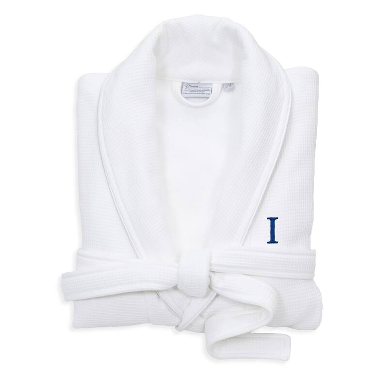 Authentic Hotel and Spa White Unisex Turkish Cotton Waffle Weave Terry Bath Robe with Navy Block Monogram - S/M - I