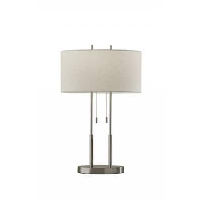 Silver Metal Base Bedside Table Lamp with Grey Linen Drum Shade Pull Chain - 6.5” x 17” x 27” (D x W x H)