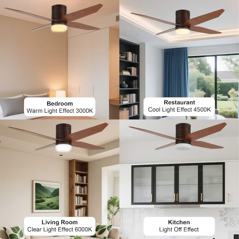 52 in. Modern Rustic Ceiling Fan with 3 Color Light, 4 Wood Blades, DC Motor, 6 Speed for Bedroom or Living Room