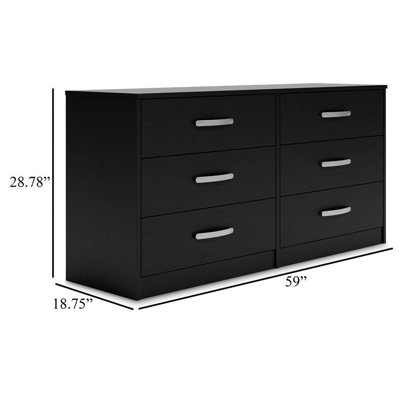 Finny Wide Dresser, 6 Drawers, Matte Black, Silver Metal, 59 Inch