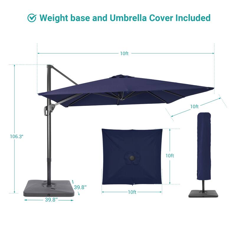 BONOSUKI 10x10FT Cantilever Patio Umbrella Infinite Angle Adjustment w/Base