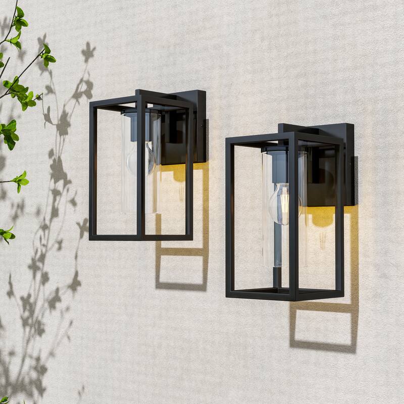 2 Pack Metal 1-Light Clear Glass Outdoor Wall Sconce Light - S: 12.1"Hx5.7"Wx8"D - Black
