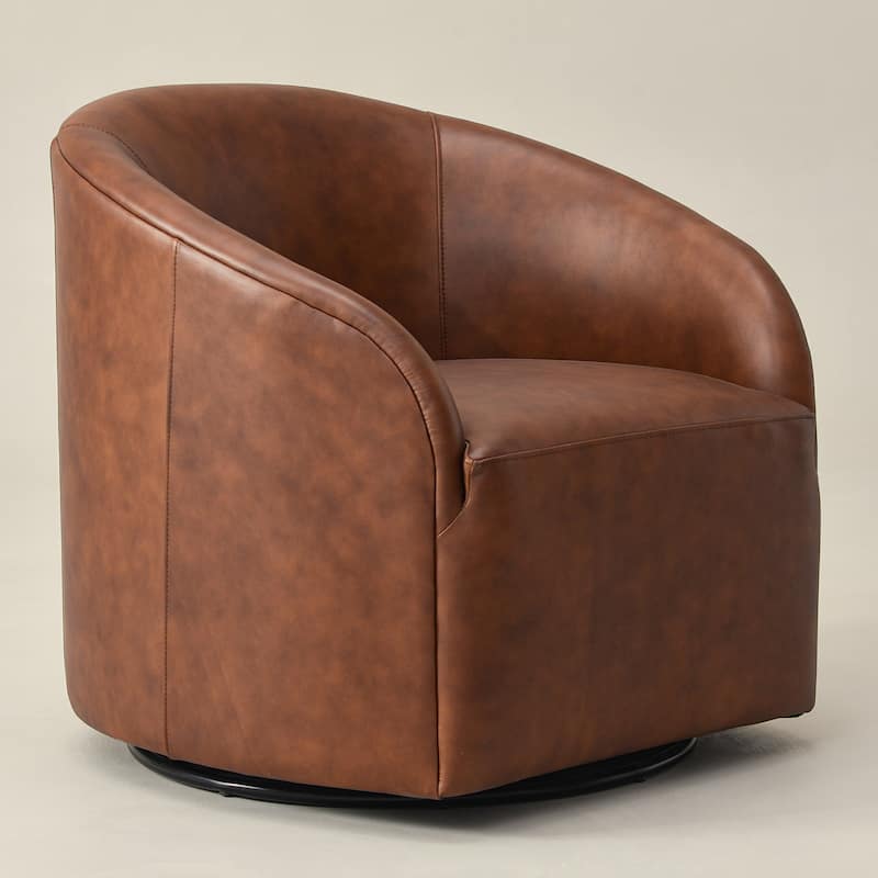 KINWELL 32"W Top Grain Genuine Leather Swivel Barrel Armchair