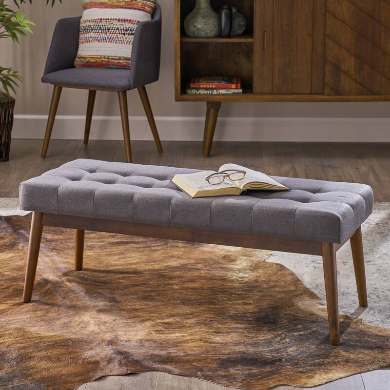 Roomfitters Tufted Upholstered Entryway Bench with Tapered Wooden Legs, Mid-Century Accent Seating, Grey