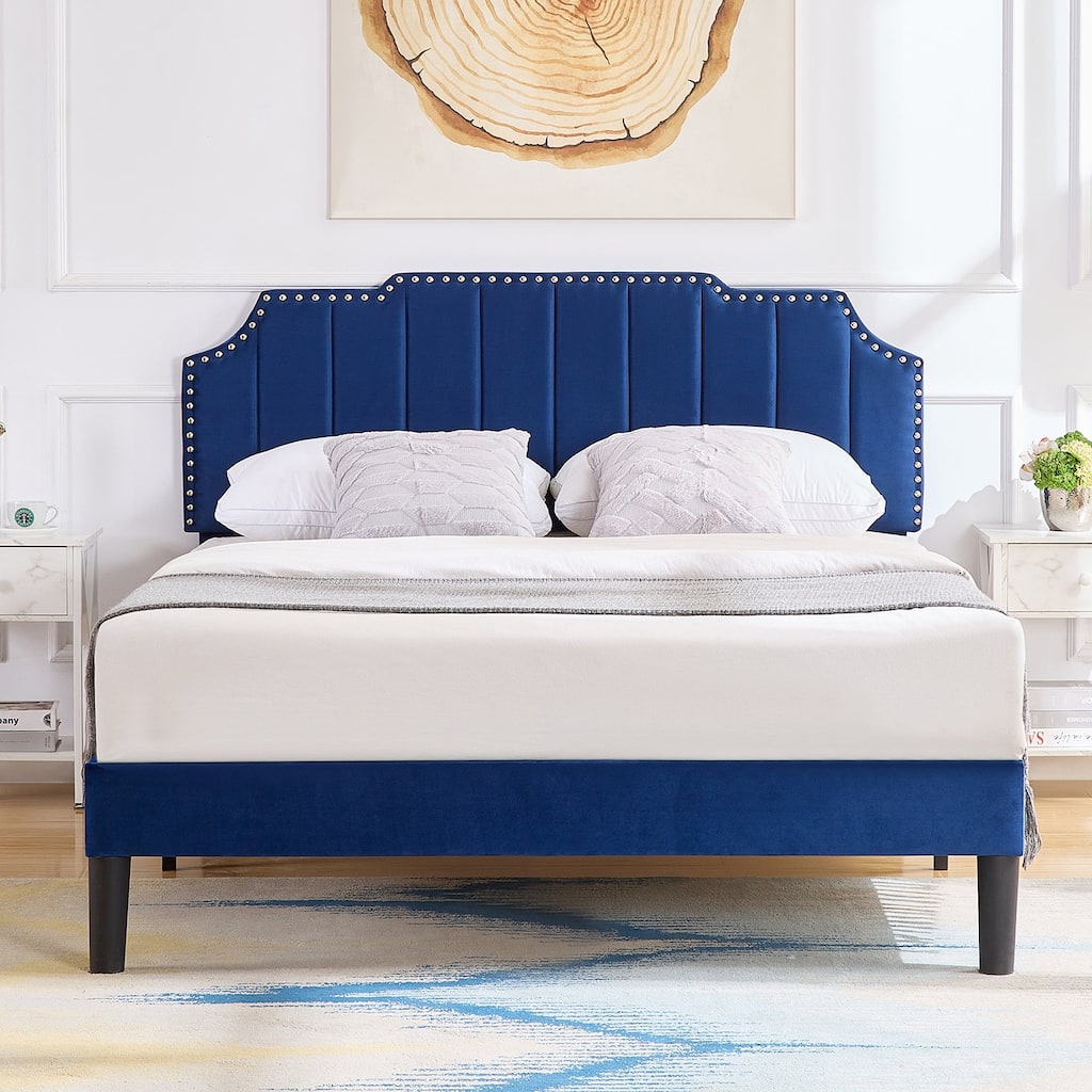 Javlergo Upholstered Platform Bed Frame with Height Adjustable Nailhead Trimmed Curved Headboard, No Box Spring Needed