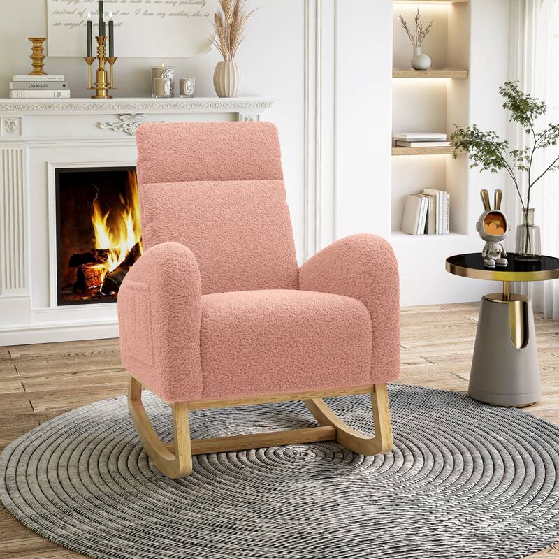 Modern Teddy Fabric Rocking Chair With Right Pocket For Indoor