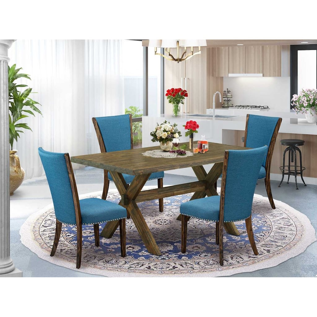 HomeStock 5-Piece Distressed Jacobean Finish Solid Wood Top Dining Table with 4 Parson Chair