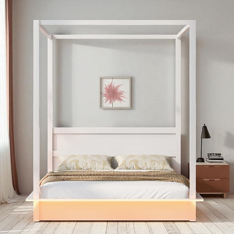 Queen/King White Wood Canopy Platform Bed with LED Lights and Slats, Modern Bedroom Frame No Box Spring Needed