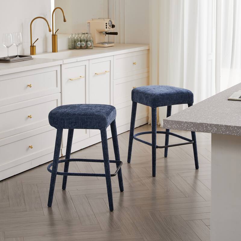 Set of 2 Counter Height Backless Brown Faux Leather Bar Stool - Comfortable Padded Seat with Sturdy Metal Legs