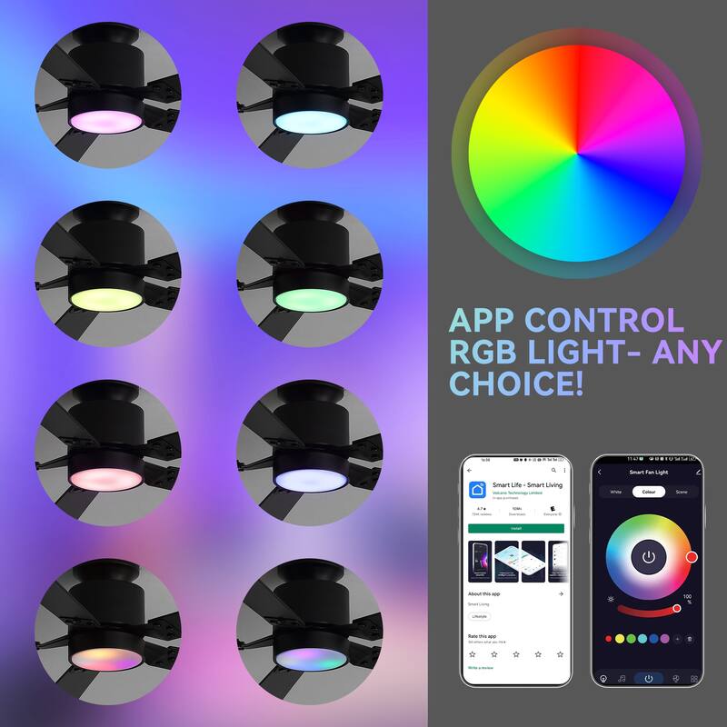 52-Inch Matte Black Flush Mount Ceiling Fan with RGB LED Light and Voice Control((5 Reversible Blades)