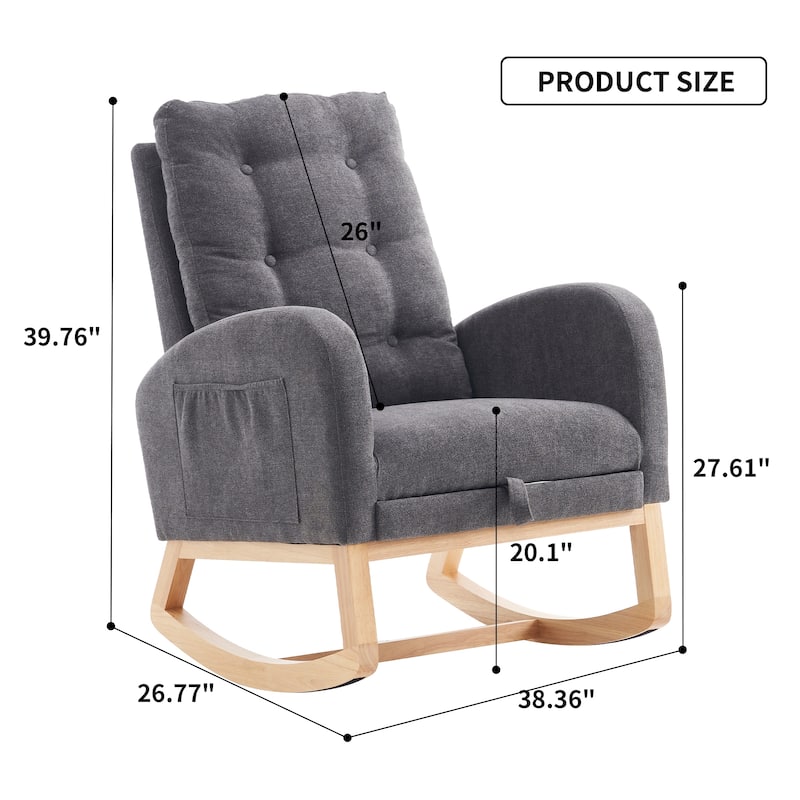 Upholstered Glider Chair with Thick Cushions, Rubber Wood Rocking Chair with Footrest, Lounge Recliner with Armrests
