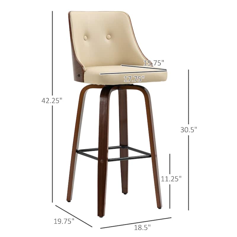 HOMCOM Counter Height Bar Stools Set of 2 PU Leather Swivel Barstools with Footrest and Tufted Back