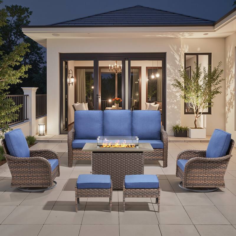 Pocassy Patio Funiture Sofa Swivel Chairs Ottoman with Fire Table Set - Blue Cushion - Brown Wicker - 6-Piece Sofa Swivel Chair Ottoman w/ Fire Table