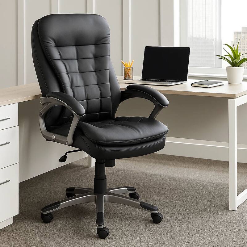 Kloe Executive High-Back Swivel Armchair in Pewter Gray, Black Vinyl
