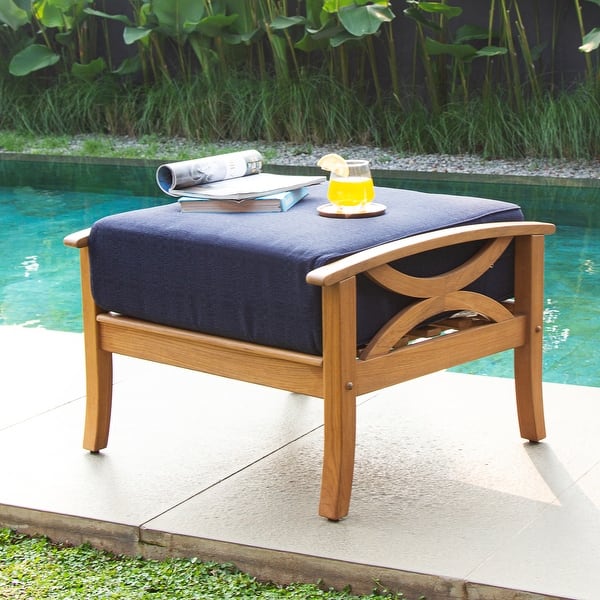 slide 2 of 13, Cambridge Casual Lowell Teak Patio Ottoman with Cushion Natural Teak/Navy Cushion