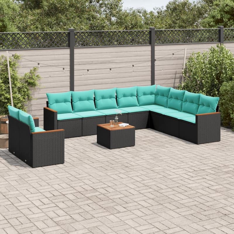 vidaXL Patio Sofa Set with Cushions Outdoor Conversation Furniture Poly Rattan - 24.4x 24.4x 27.2 - Black and Blue-With table