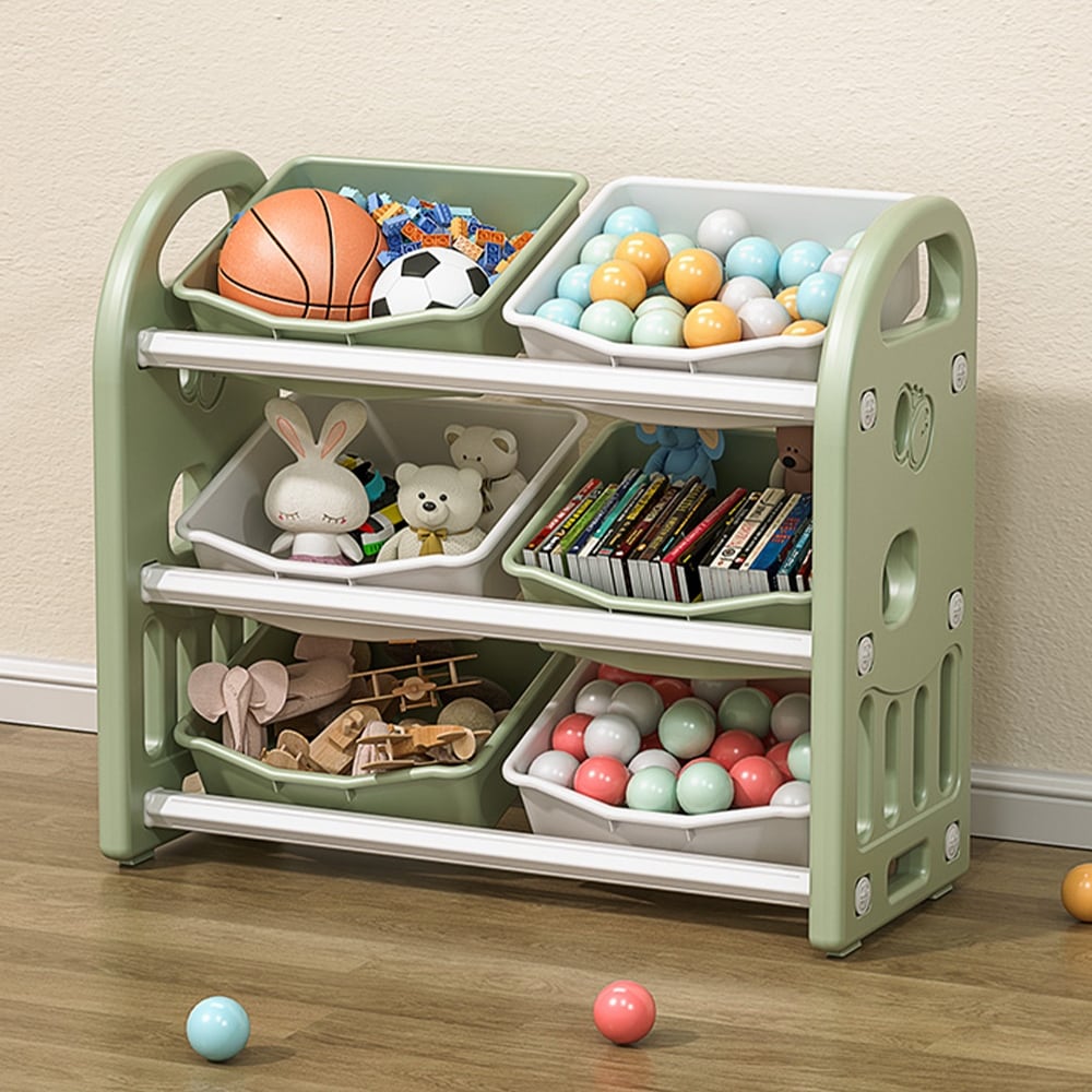 Slate Toy Storage Organizer with 12 Storage Bins, Grey Wood Grain/White