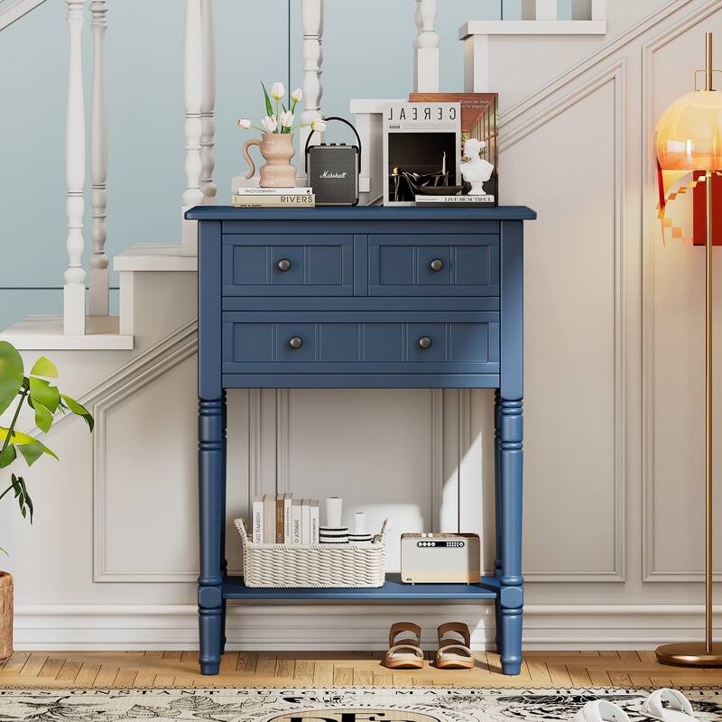 Narrow Console Table, Slim Sofa Table with Three Storage Drawers and Bottom Shelf - Navy
