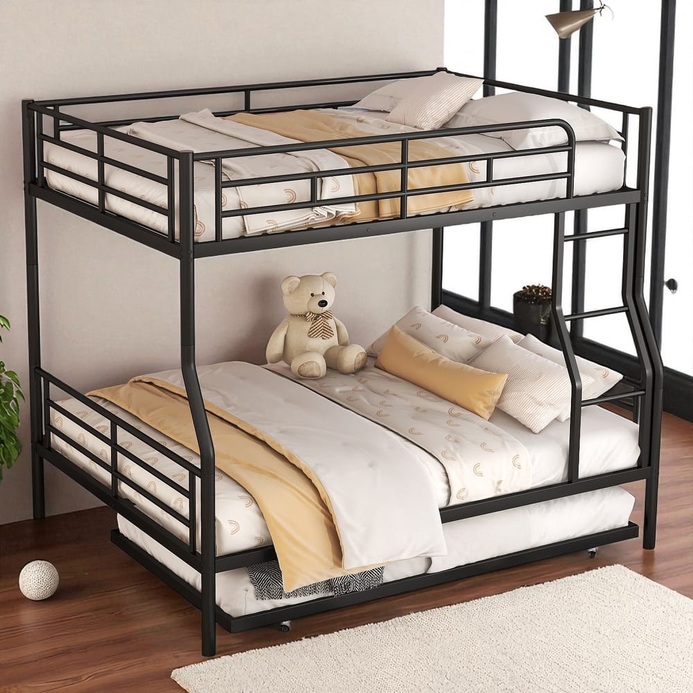 Full Over Full / Full XL Over Queen Metal Bunk Bed with Trundle, Convertible Design and Guardrails