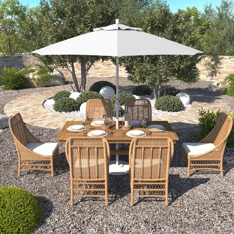 California Umbrella 9' Round Crank Lift Push Button Tilt White Aluminum Patio Umbrella with Olefin Royal Blue Fabric - White