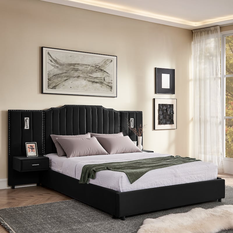 Upholstered Bed, Vertical Stripe Buttons Design Wingback Bed Frame, Velvet Fabric Platform Bed with Bedside Table