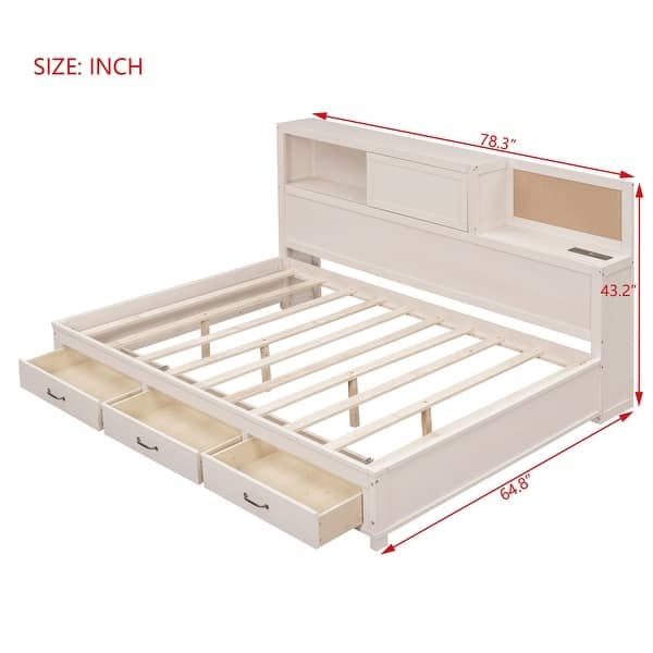 dimension image slide 3 of 6, Platform Daybed with USB Charging and Sockets, Wooden Daybed Frame with Pushable Top Shelf 3 Drawers No Box Spring Needed