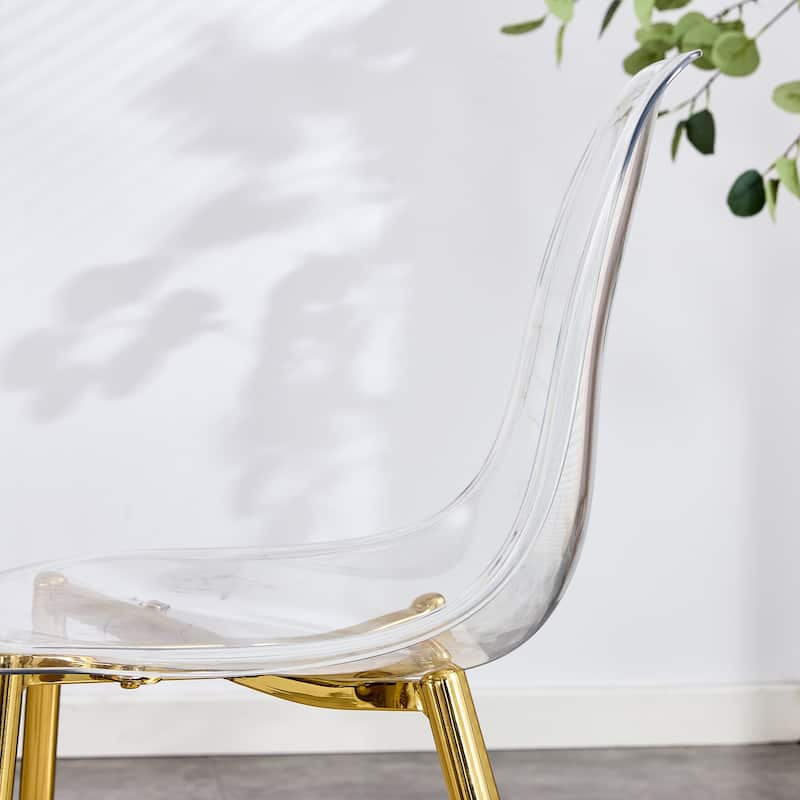 Roomfitters Transparent Armless Plastic Dining Chairs with Gold Metal Legs, Nordic Style Set of 4 for Home or Office, Golden
