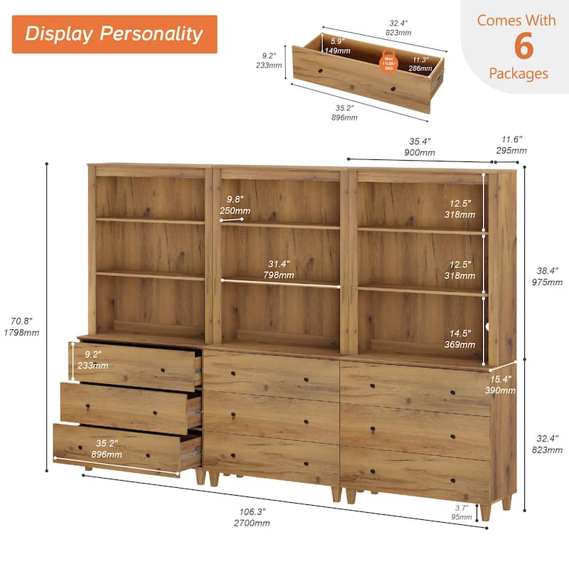 WAMPAT Modern 71" Tall Bookcase with 9 Drawers, 3 Columns 3-Tier